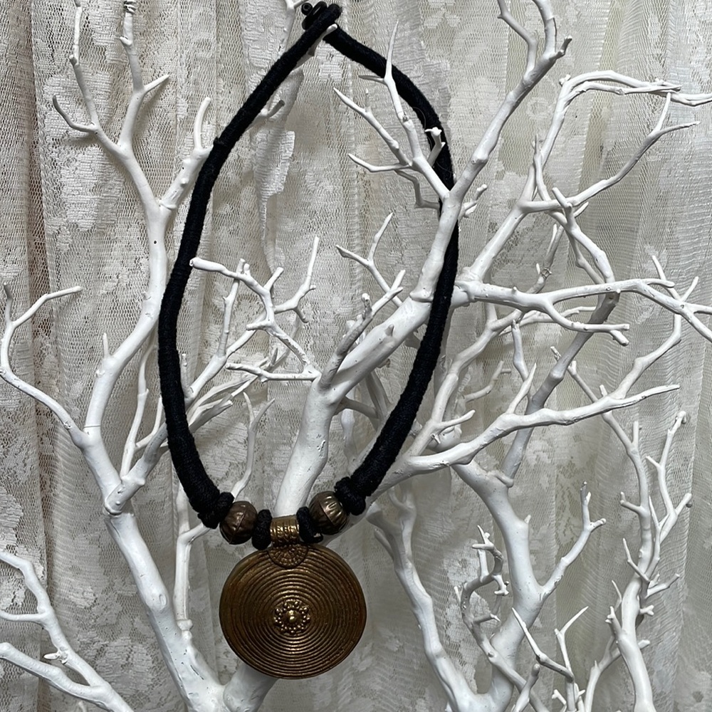 Metal Gold Medallion on a Tight Black Wrapped Cord Choker
